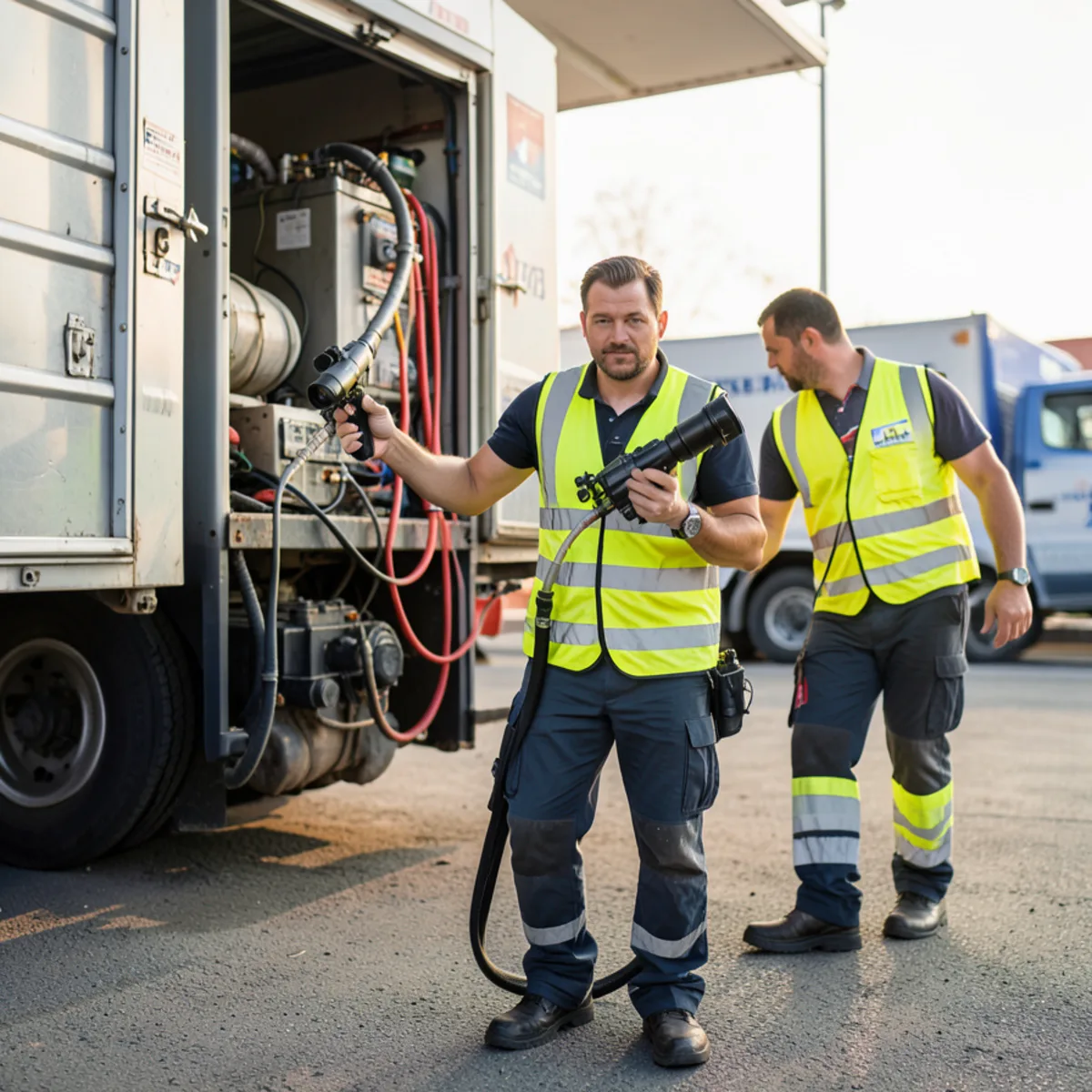 Technicians in safety vests loading high-pressure jetting equipment and inspecti