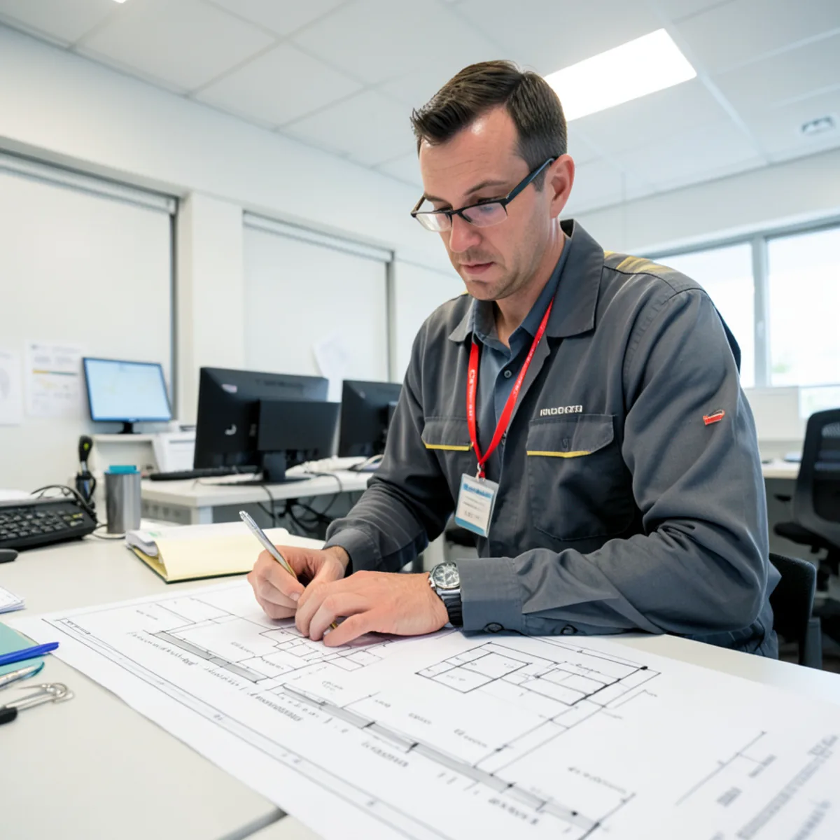 Plumbing specialists reviewing municipal right-of-way engineering plans and came