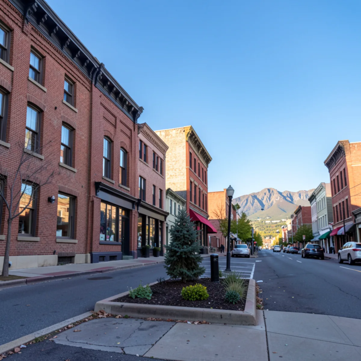 Charming streetscape in historic downtown Littleton with brick buildings and cle