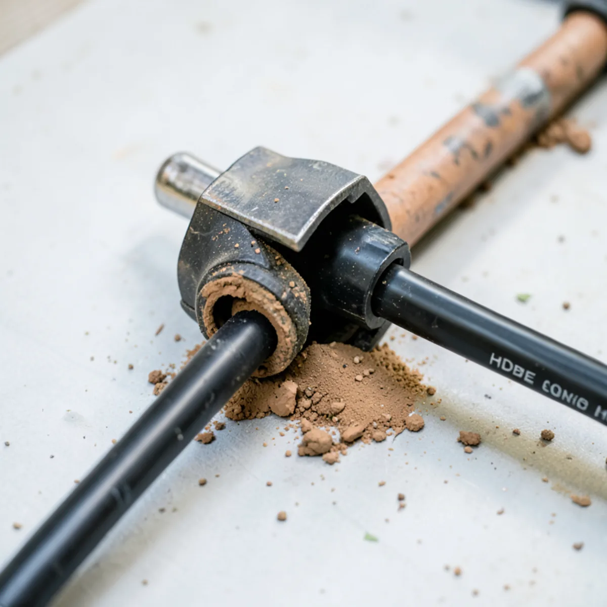 Pipe bursting expander head breaking old underground clay host pipe while pullin