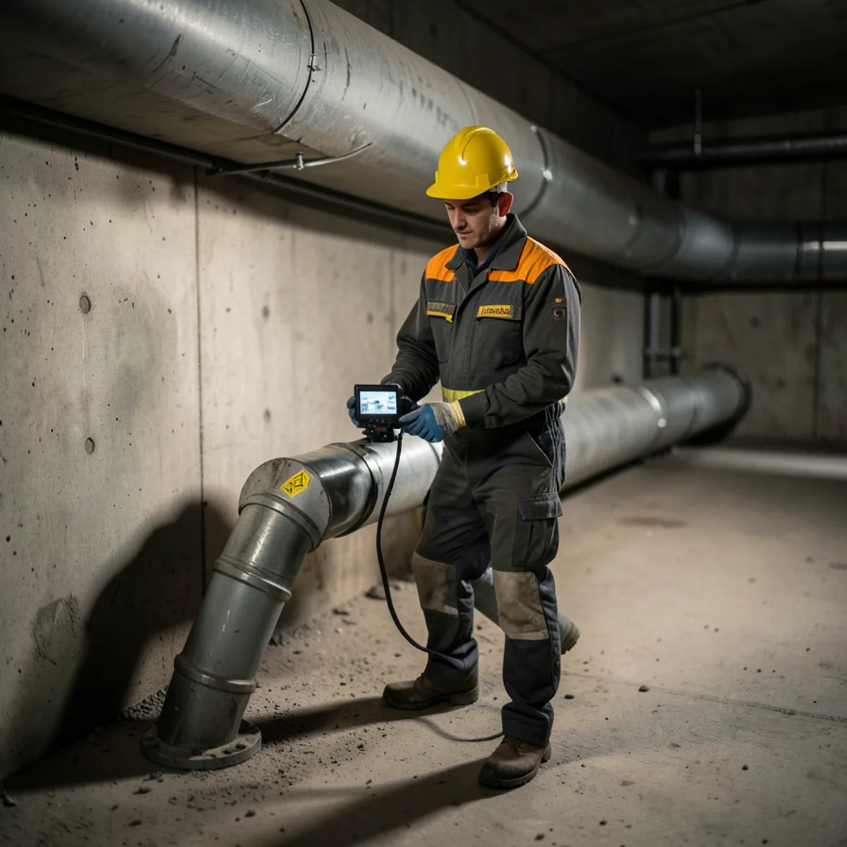 Technician analyzing high-definition video inspection footage of an underground